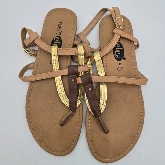 Rue21 Etc Tan Flat Sandals Size 6/7 With Gold & Brown Straps Adjustable Buckle C - Picture 6 of 8